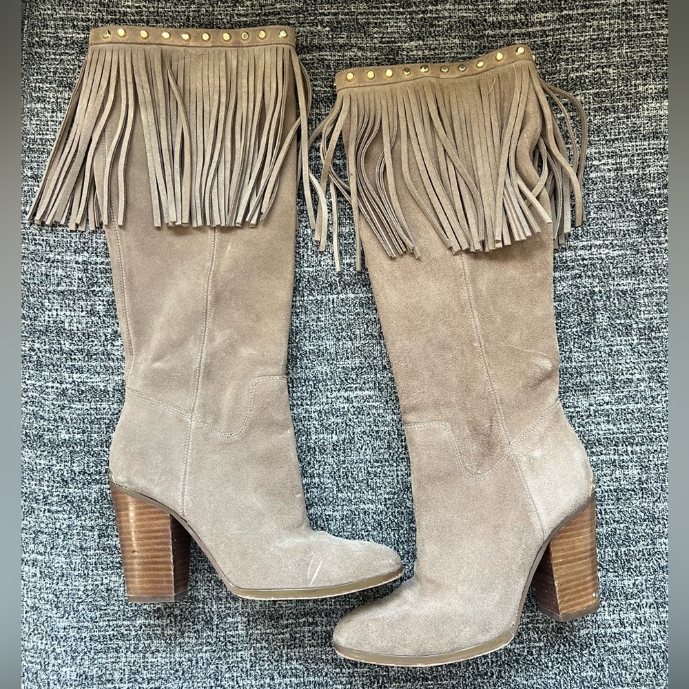 🪕 MK Leather Fringe Studded Knee High Heeled Boots 🪕